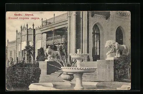 AK Alupka Krim, Brunnen im Park, L wenskulpturen