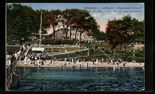 AK Kollund, Blick vom Seesteg auf das Strandhotel mit dem Badestrand