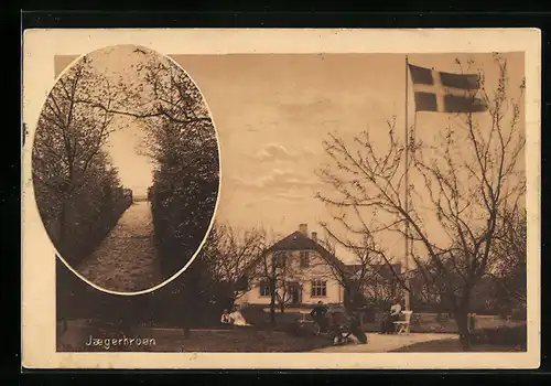 AK Jaegerkroen, Kopenhagen, Parkanlagen mit Flaggenmast und Landhaus