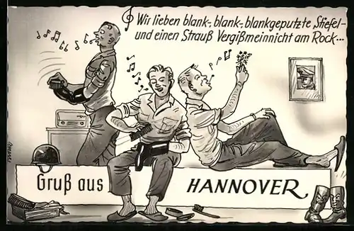 AK Hannover, Bundeswehr Standort, Soldaten singen beim Schuheputzen