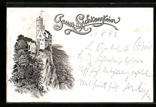 Lithographie Lichtenstein, Blick zum Schloss Lichtenstein
