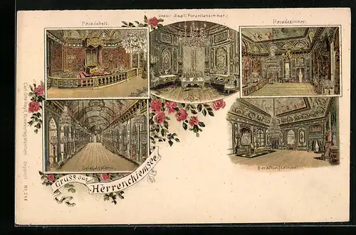 Lithographie Herrenchiemsee, Schloss Herrenchiemsee, Paradebett, Spiegelgalerie, Ovaler Saal, Paradezimmer