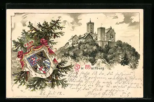 Lithographie Eisenach, Ansicht der Wartburg, Wappen