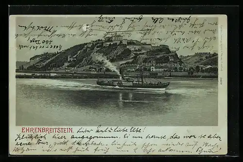 Mondschein-Lithographie Ehrenbreitstein, Teilansicht mit Festung und Dampfer