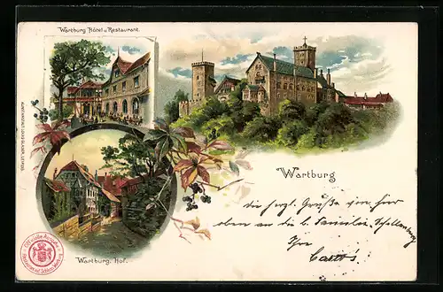 Lithographie Eisenach, Blick auf Wartburg, Wartburg Hotel u. Restauration, Wartburg Hof