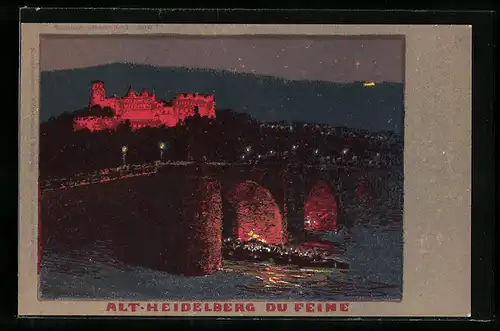 Lithographie Heidelberg, Beleuchtetes Schloss und Ausflugsdampfer