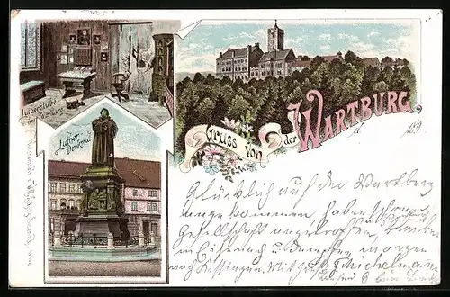 Lithographie Wartburg, Aussenansicht, Lutherstube und Luther-Denkmal