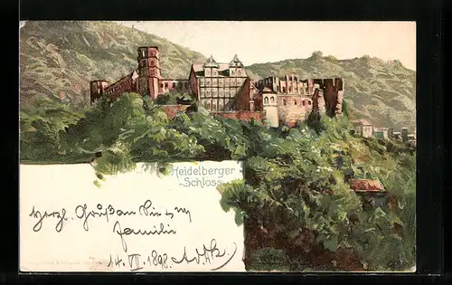 Lithographie Heidelberg, Blick nach dem Schloss