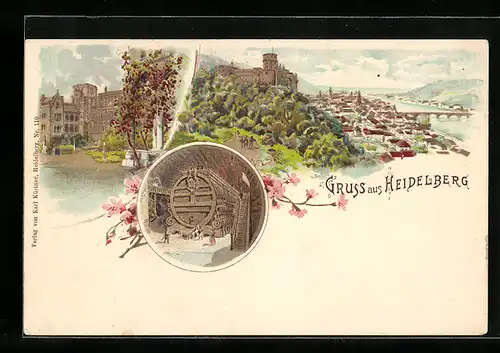 Lithographie Heidelberg, Grosses Fass im Schloss, Schloss mit Ortsansicht