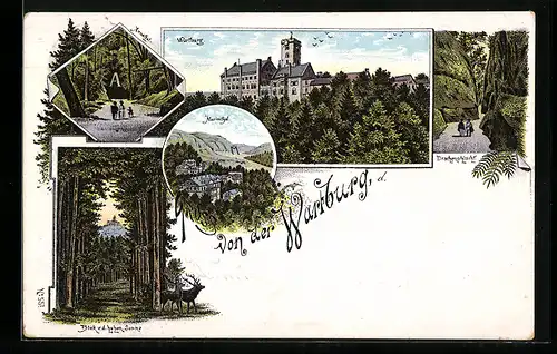 Lithographie Eisenach, Wartburg, Marienthal, Drachenschlucht