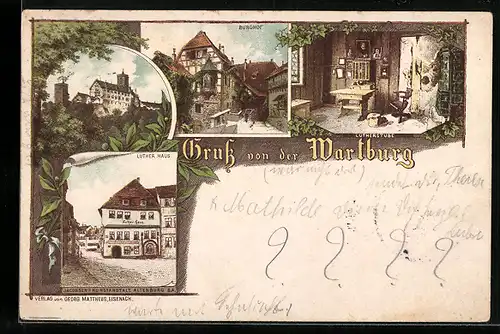Lithographie Eisenach, Wartburg, Burghof, Lutherstube, Lutherhaus