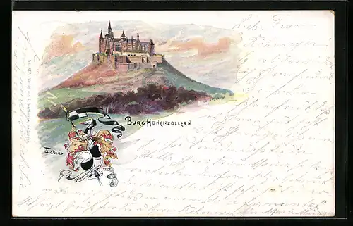 Lithographie Hohenzollern, Burg Hohenzollern, Ritterhelm und Wappen