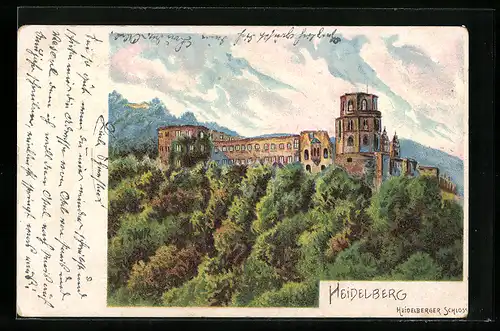 Lithographie Heidelberg, Blick auf das Schloss