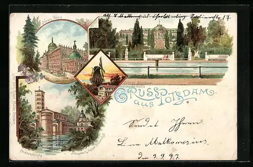 Lithographie Potsdam, Schloss Sanssouci, Friedenskirche und Mausoleum Kaiser Friedrich