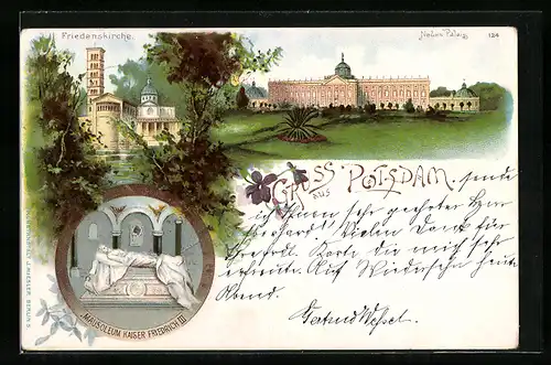 Lithographie Potsdam, Friedenskirche, Neues Palais, Mausoleum