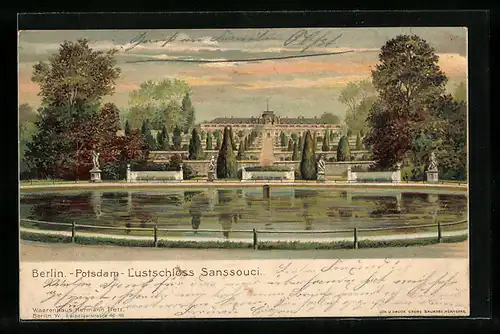 Lithographie Potsdam, Lustschloss Sanssouci bei Dämmerung