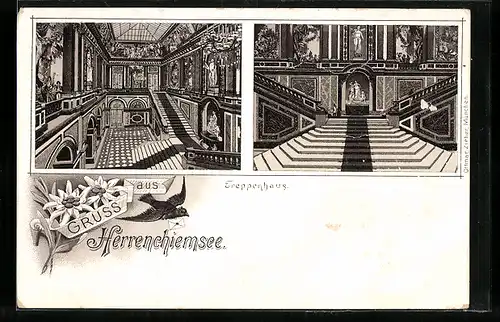 Lithographie Herrenchiemsee, Treppenhaus im Schloss