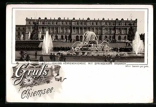 Lithographie Chiemsee, Schloss Herrenchiemsee mit Springbrunnen