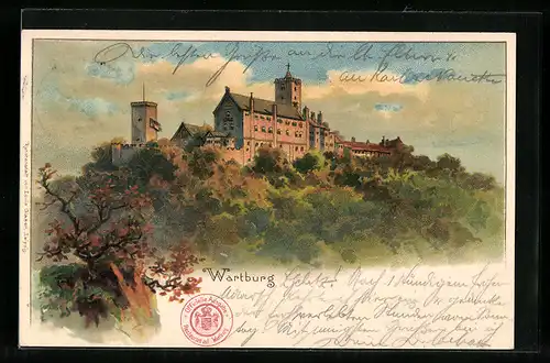 Lithographie Eisenach, Blick auf Wartburg