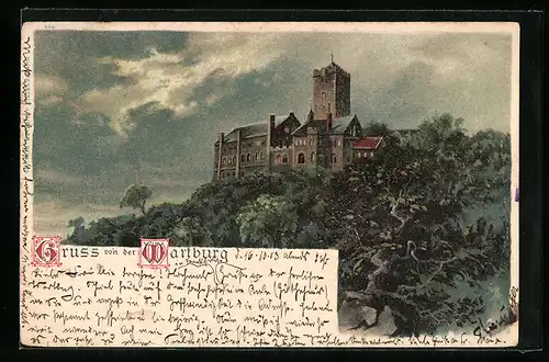 Lithographie Eisenach, Blick auf Wartburg