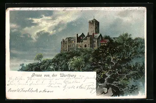 Lithographie Eisenach, Blick auf Wartburg