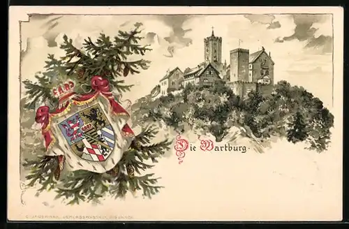 Lithographie Eisenach, Ansicht der Wartburg, Wappen
