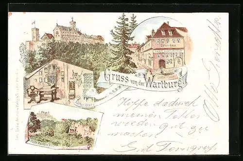 Lithographie Eisenach, Wartburg, Luther-Haus, Luther-Stube