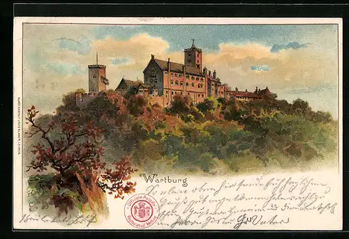 Lithographie Eisenach, Blick auf Wartburg