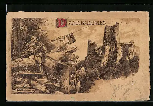 Lithographie Drachenfels, Blick auf Burgruine, Ritter auf Pferd, Drache