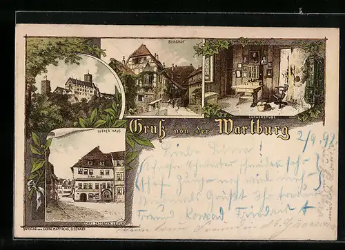 Vorläufer-Lithographie Eisenach, 1892, Wartburg, Burghof, Luther-Haus