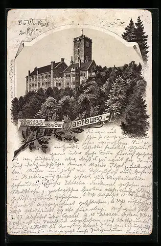 Lithographie Eisenach, Wartburg von Osten