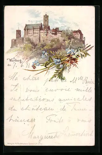 Lithographie Wartburg, Burg und Blumenstrauss