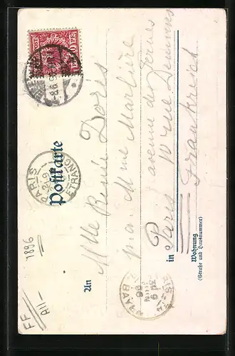 Lithographie Wartburg, Burg und Blumenstrauss