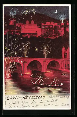 Lithographie Heidelberg, Schloss bei nächtlichem Feuerwerk, beleuchtete Fenster