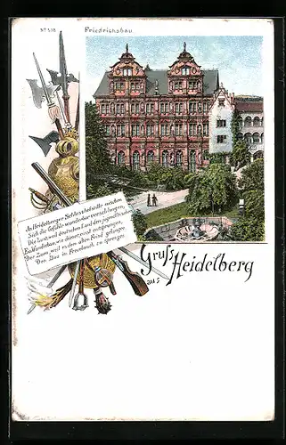 Lithographie Heidelberg, Schloss Heidelberg, Friedrichsbau