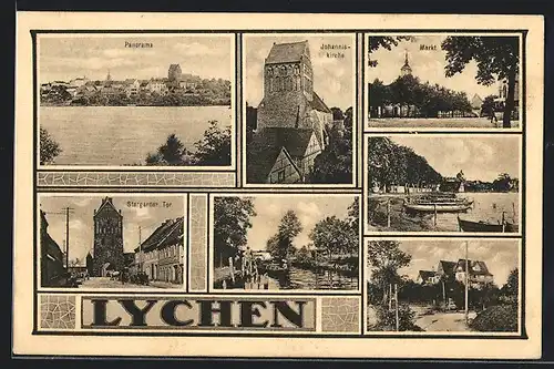 AK Lychen, Panorama, Johanniskirche und Markt