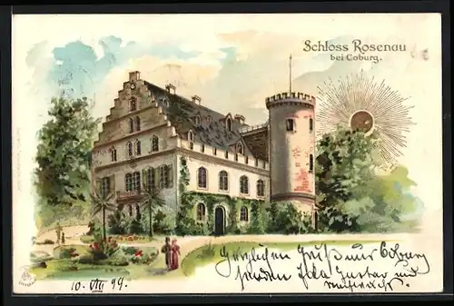 Sonnenschein-AK Coburg, Spaziergänger am Schloss Rosenau