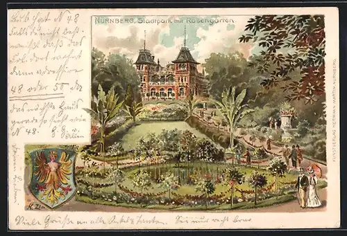 Lithographie Nürnberg, Stadtpark-Restaurant mit Rosengarten