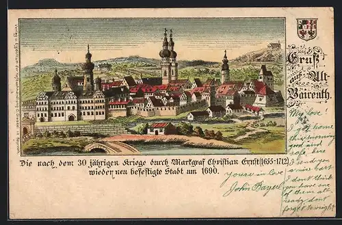 Lithographie Bayreuth, Histrorische Darstellung der neu befestigten Stadt um 1690