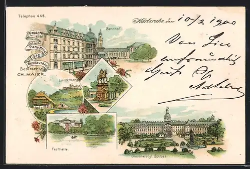 Lithographie Karlsruhe, Park-Hotel in Bahnhofsnähe, Festhalle, Lauterberg