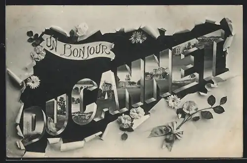 AK Ducannet, Schriftzug mit Aquädukt, Aussichtsturm und Ortspartie