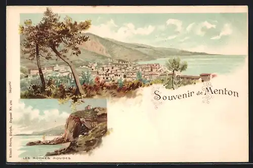Lithographie Menton, Les Roches Rouges, Totalansicht von Anhöhe aus auf Stadt mit Bergen und Meer
