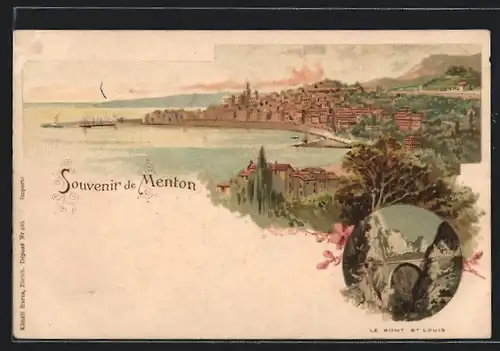 Lithographie Menton, Le Pont St. Louis, Panoramablick auf den Küstenort