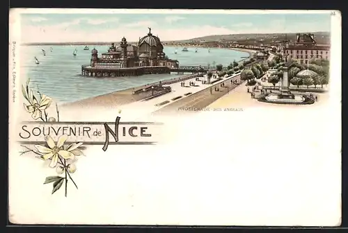 Lithographie Nice, Promenade des Anglais, Promenadenansicht