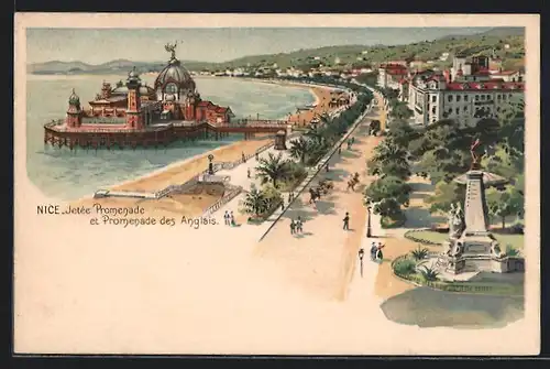 Lithographie Nice, Jetèe Promenade et Promenade des Anglais