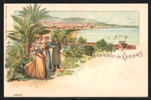 Lithographie Cannes, Panoramablick auf die Stadt, Flaneure