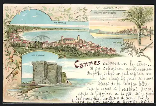 Lithographie Cannes, Vue générale, Iles St Honorat, Boulevard de la Croisette