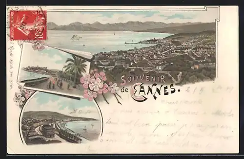 Lithographie Cannes, La Croisette, Panoramablick auf die Stadt