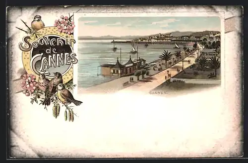 Lithographie Cannes, Strandpromenade mit Spaziergängern