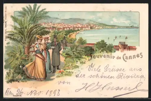 Lithographie Cannes, Panoramablick auf die Stadt, Flaneure